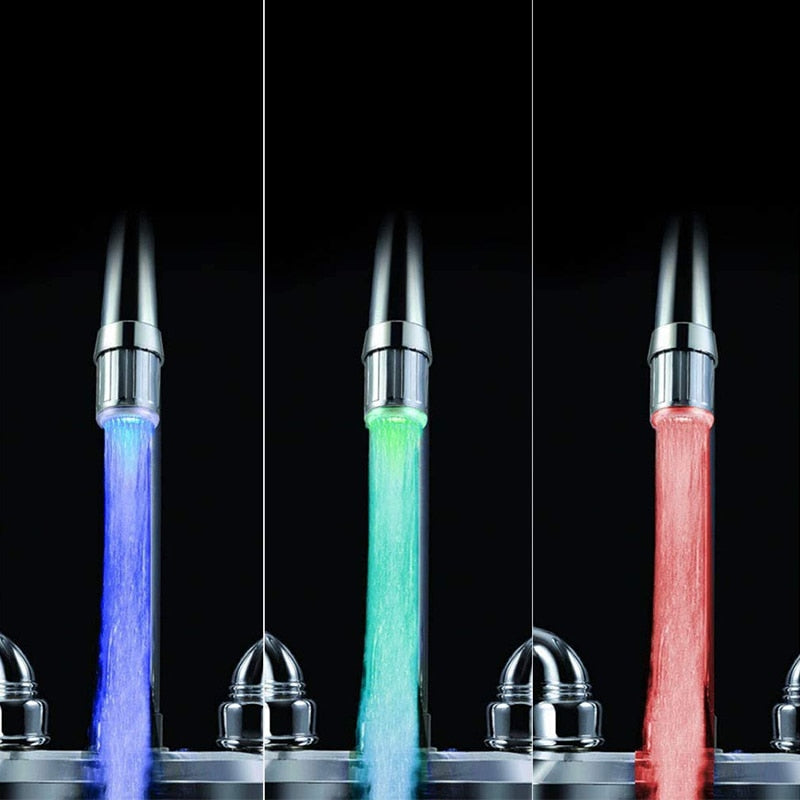 Three LED faucets showing blue, green, and red water flow on a black background.