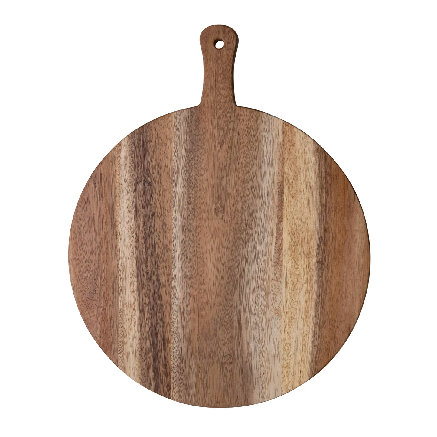 Wooden pizza peel with a handle on a white background