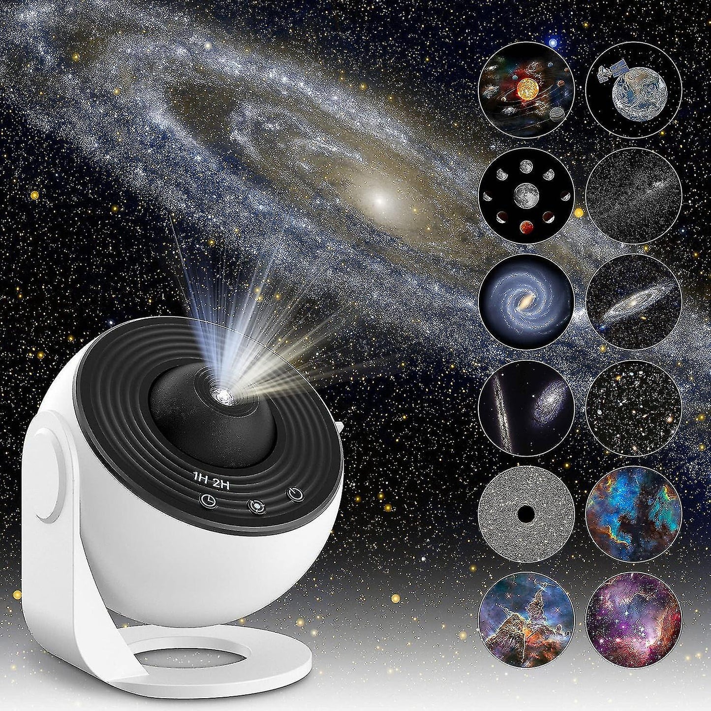 Star projector with galaxy images on a dark space-themed background