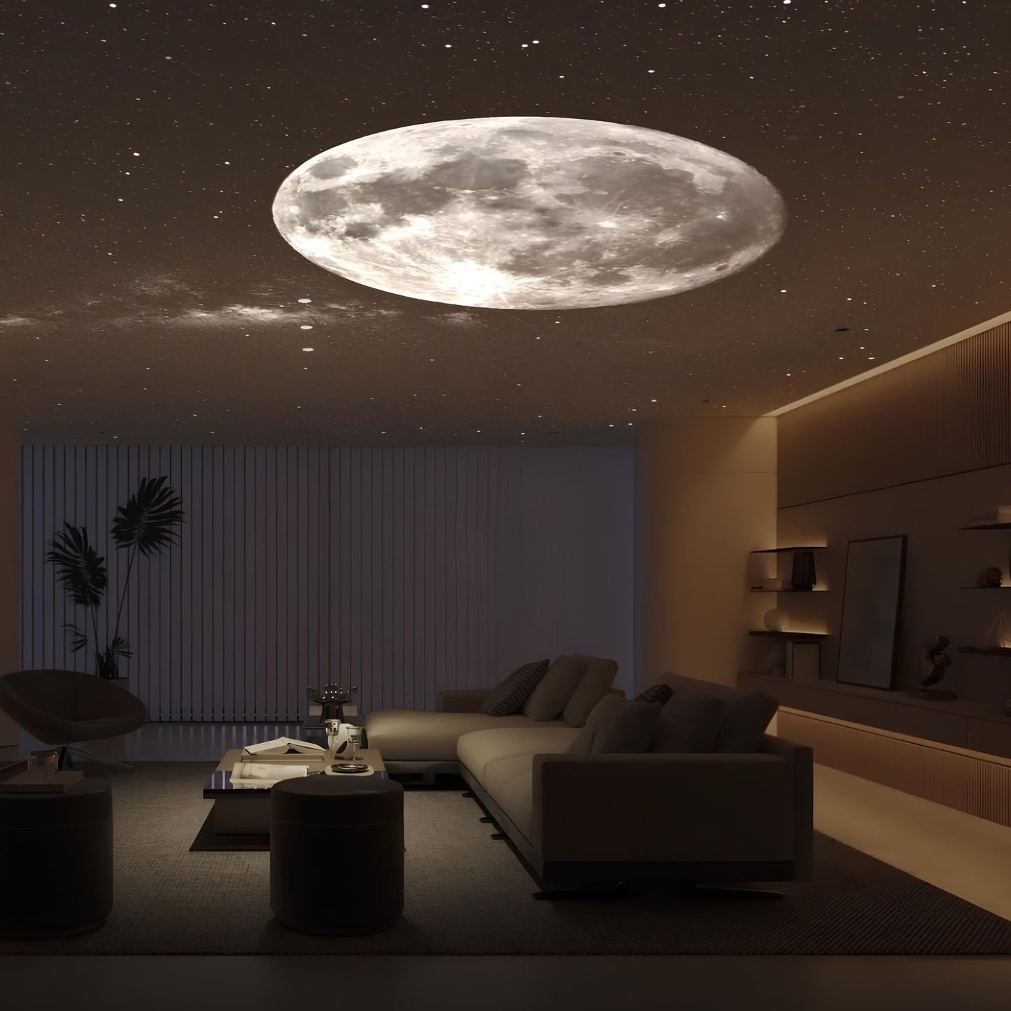 Modern living room with a large moon projected onto the ceiling