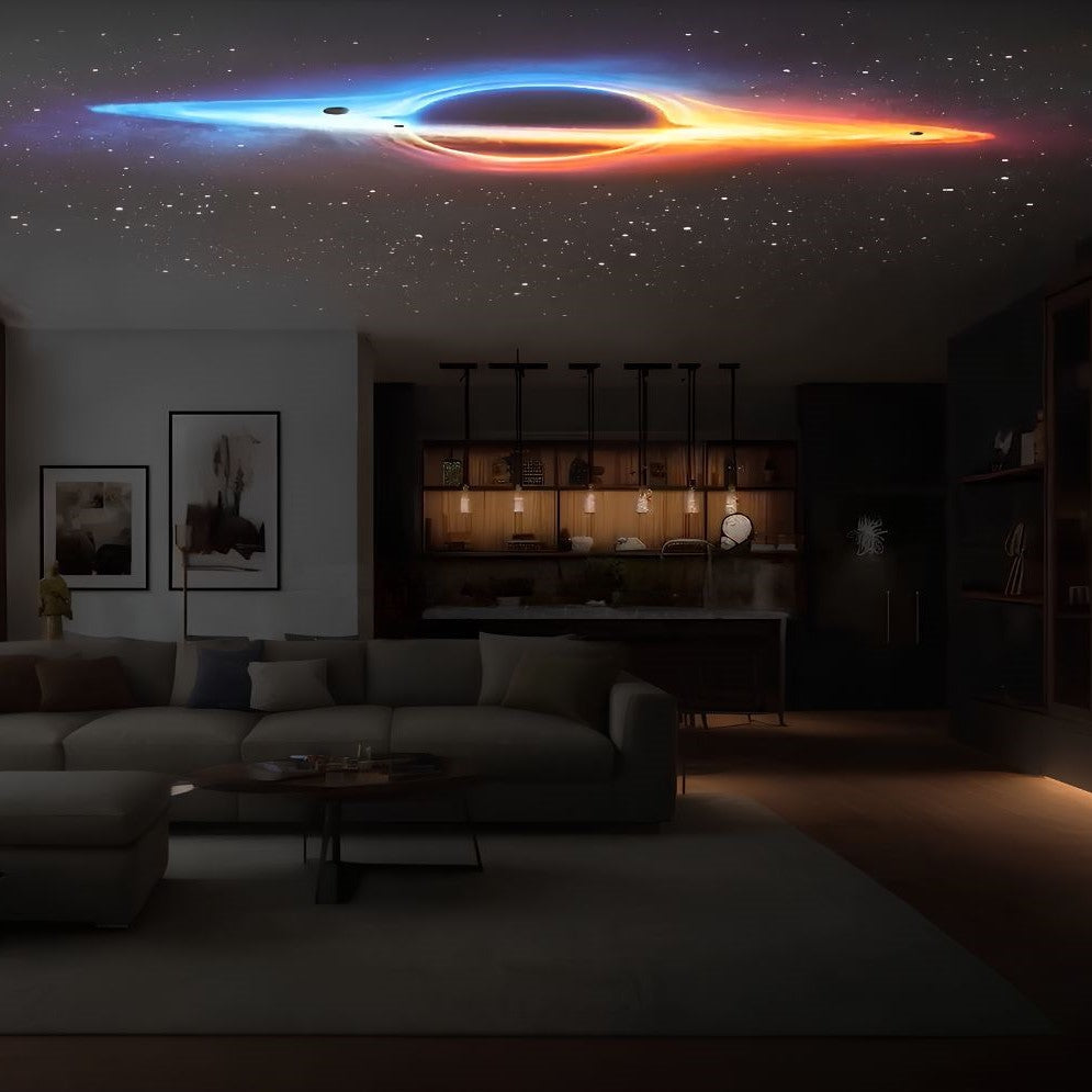 Living room with a galaxy projection on the ceiling