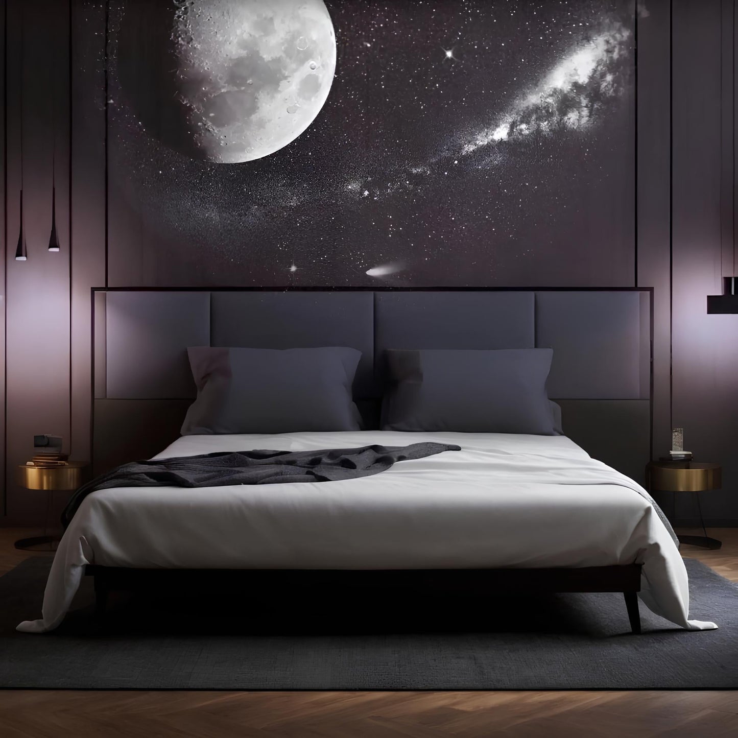 Modern bedroom with a large bed and a wall featuring a space-themed mural.