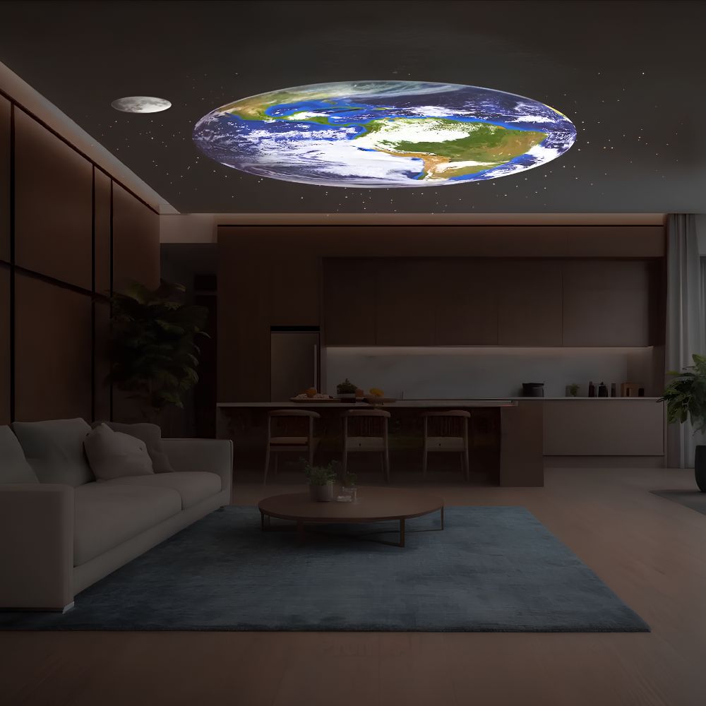 Living room with a large projection of Earth on the ceiling