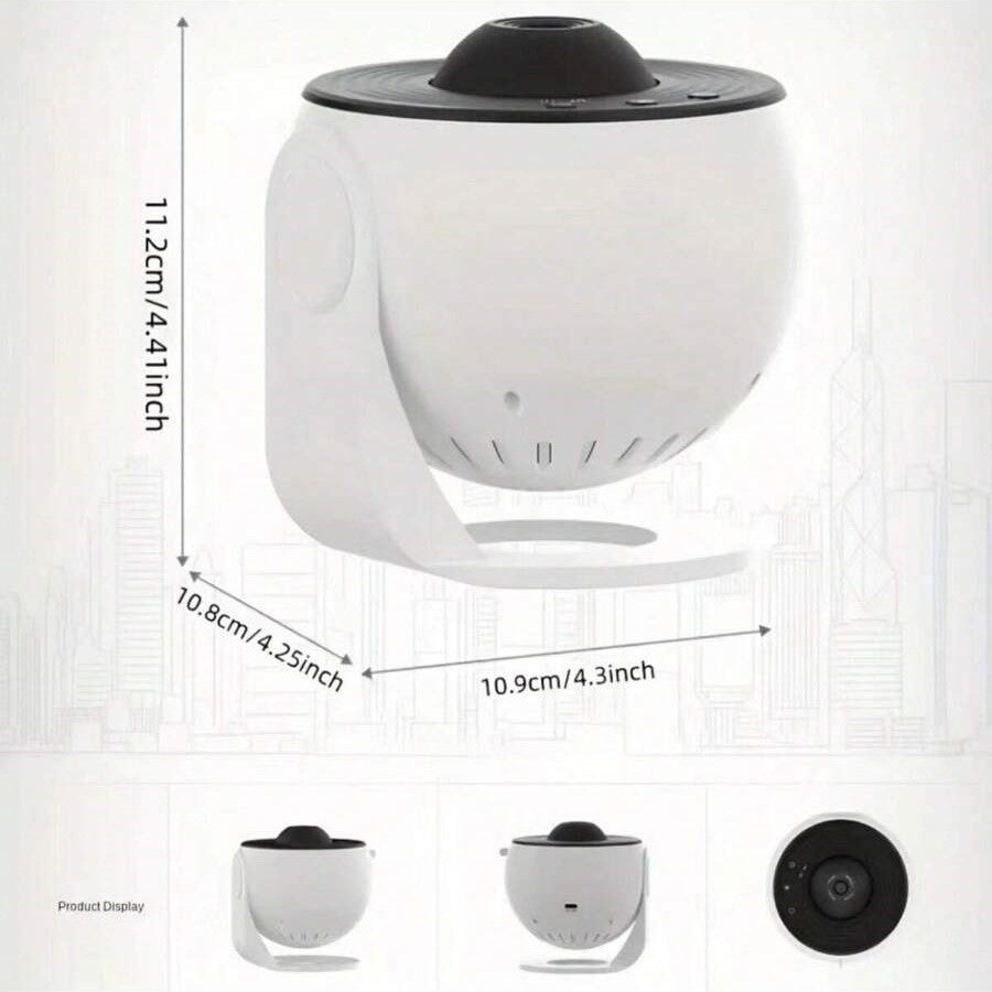 White spherical camera with dimensions indicated on a white background