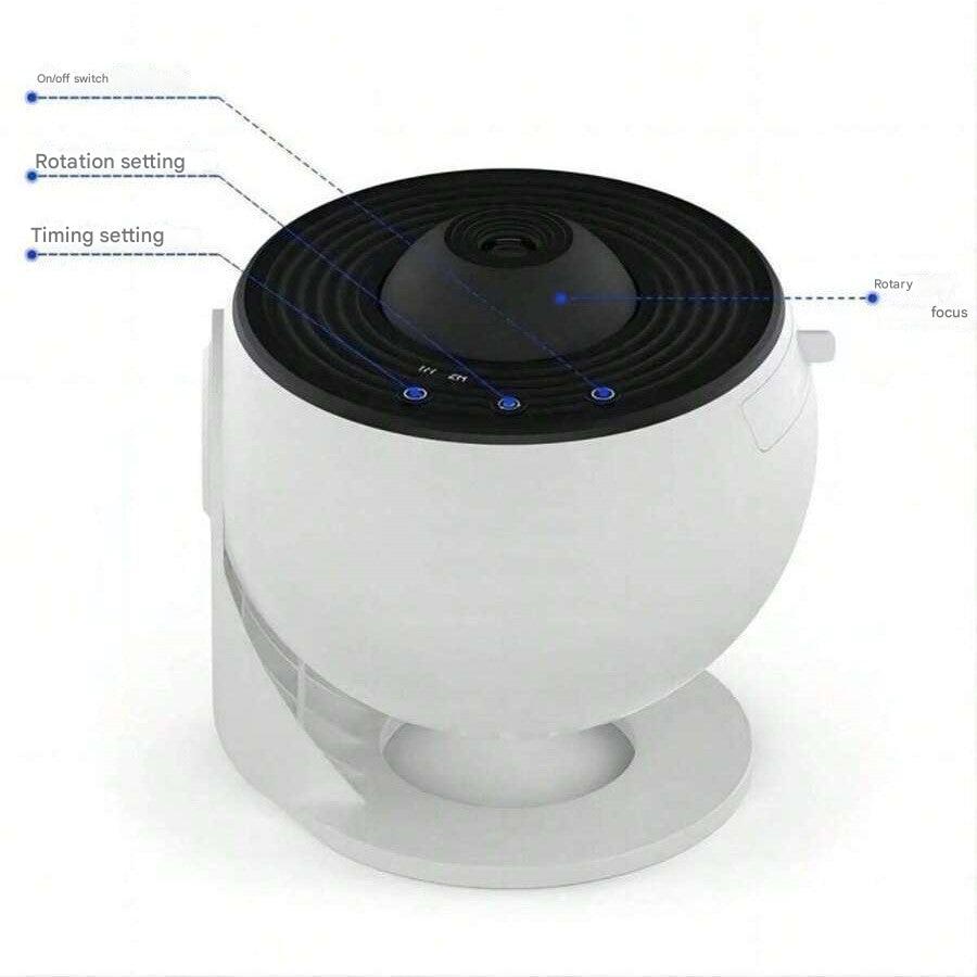 White and black device with labeled features on a white background