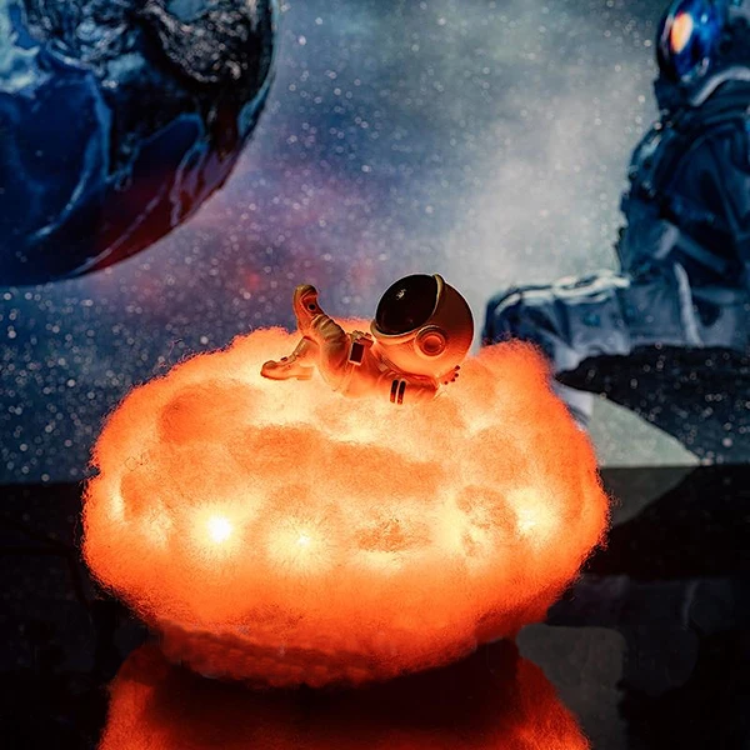 Small robot figure on a glowing orange sphere with space background