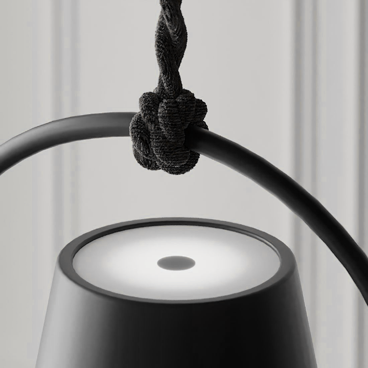 Close-up of a modern black pendant light with a knotted cord against a neutral background