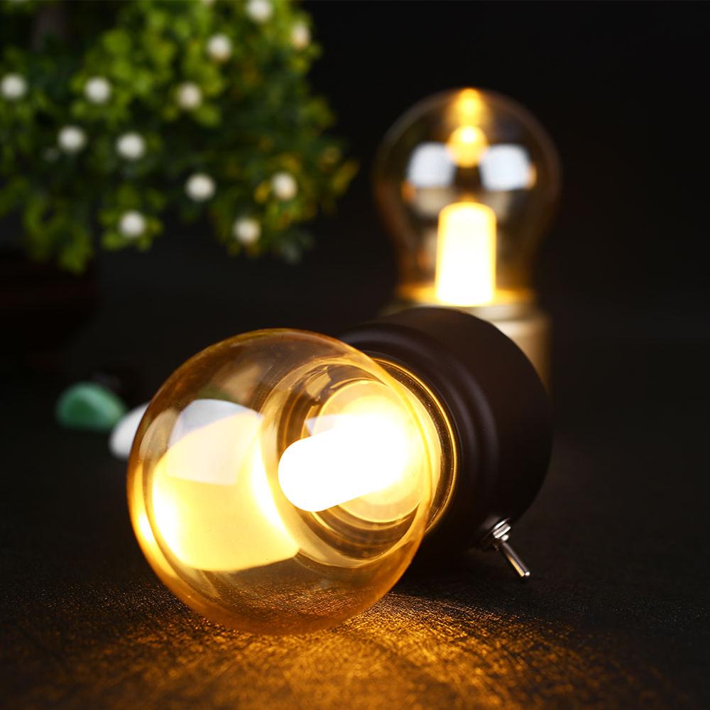 Two illuminated light bulbs on a dark surface with a blurred plant in the background