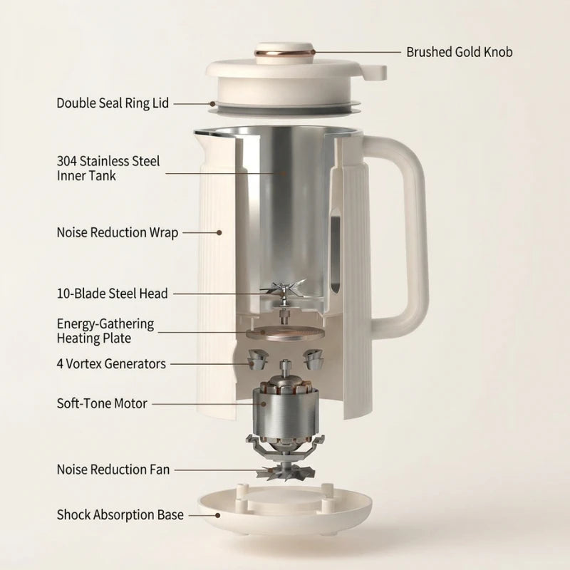 Diagram of a coffee grinder with labeled parts on a white background