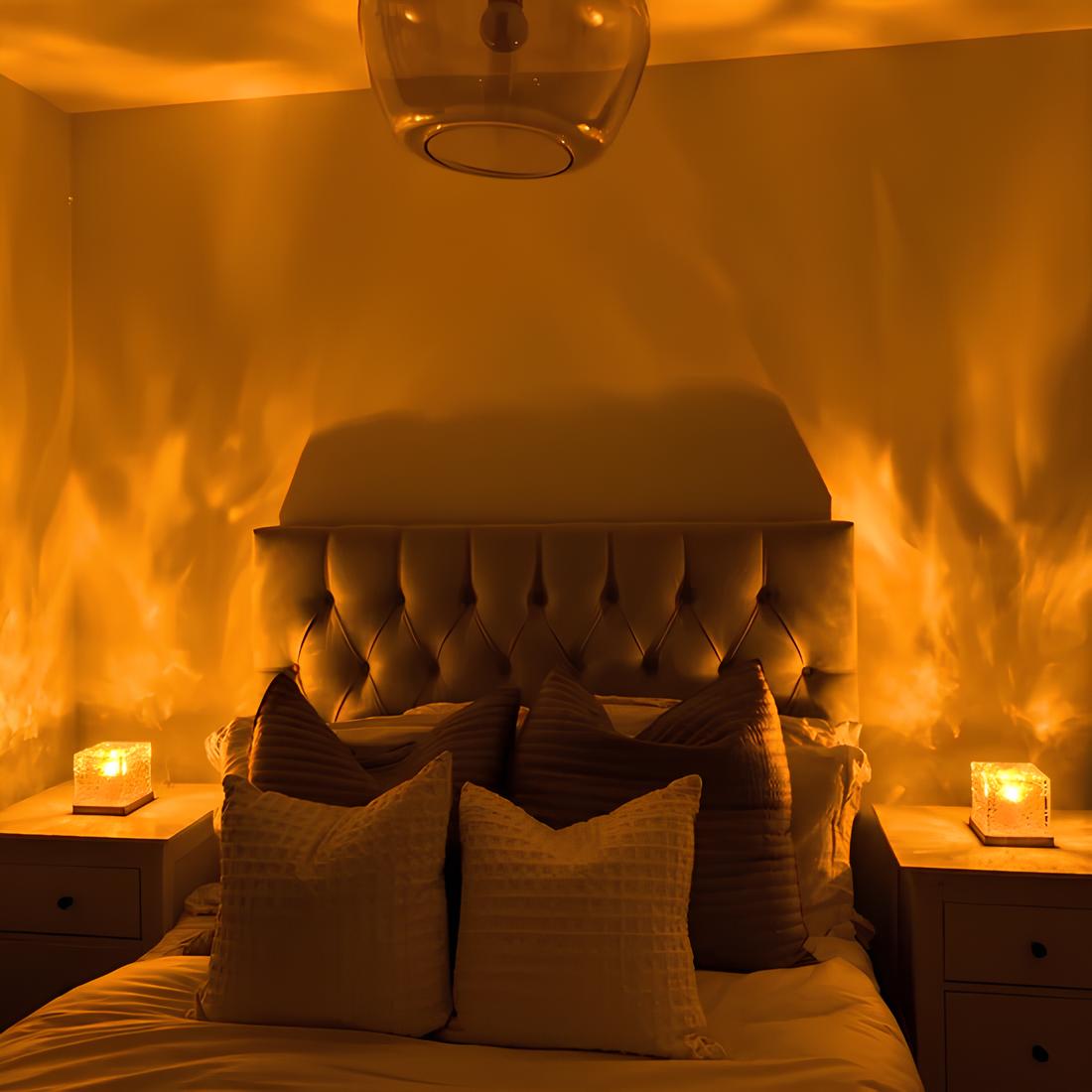 Bedroom with warm lighting, featuring a bed with pillows and nightstands.
