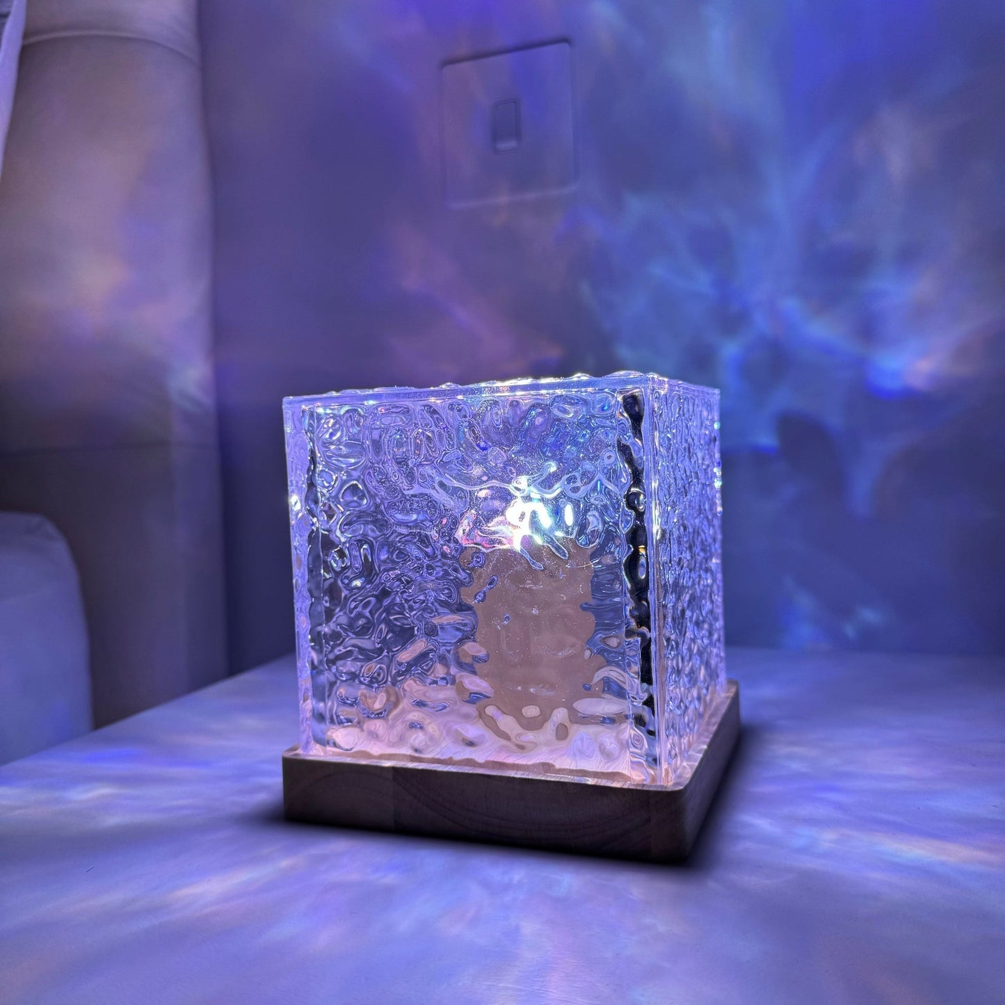 Crystal block light on a table with a blurred background