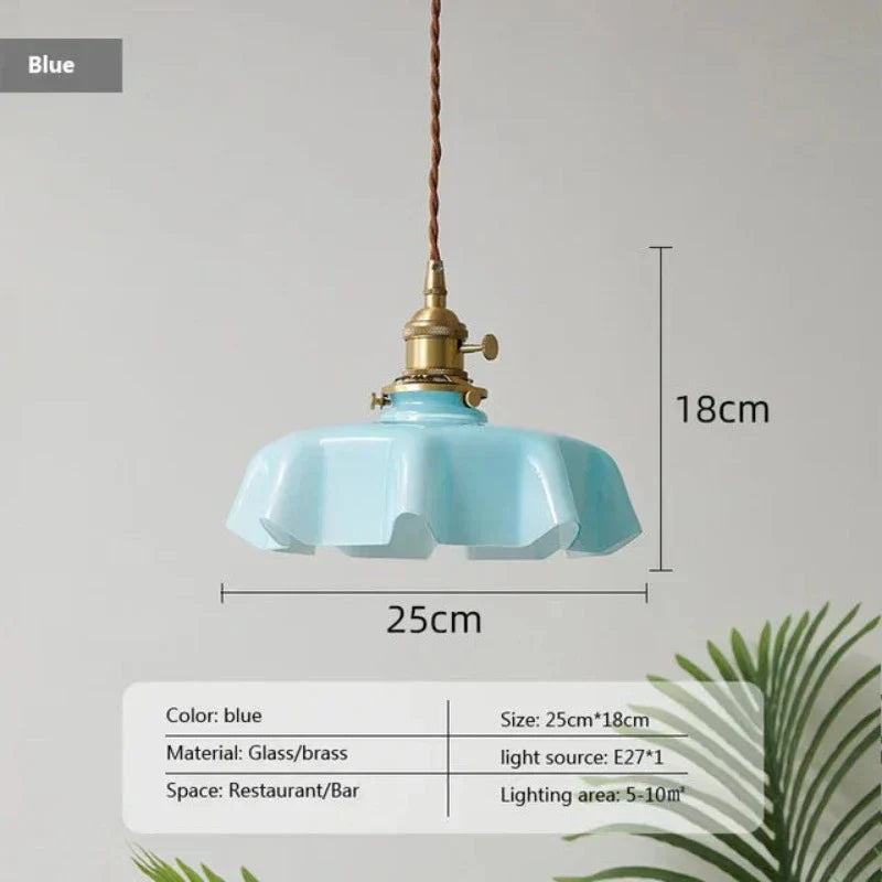 Blue pendant light with dimensions and specifications on a gray background