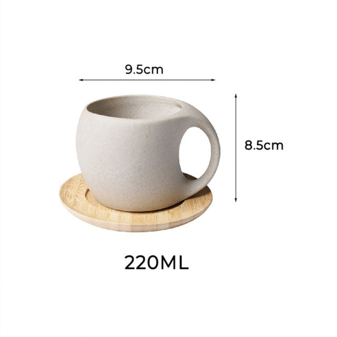 White ceramic mug with wooden coaster and measurements on a white background