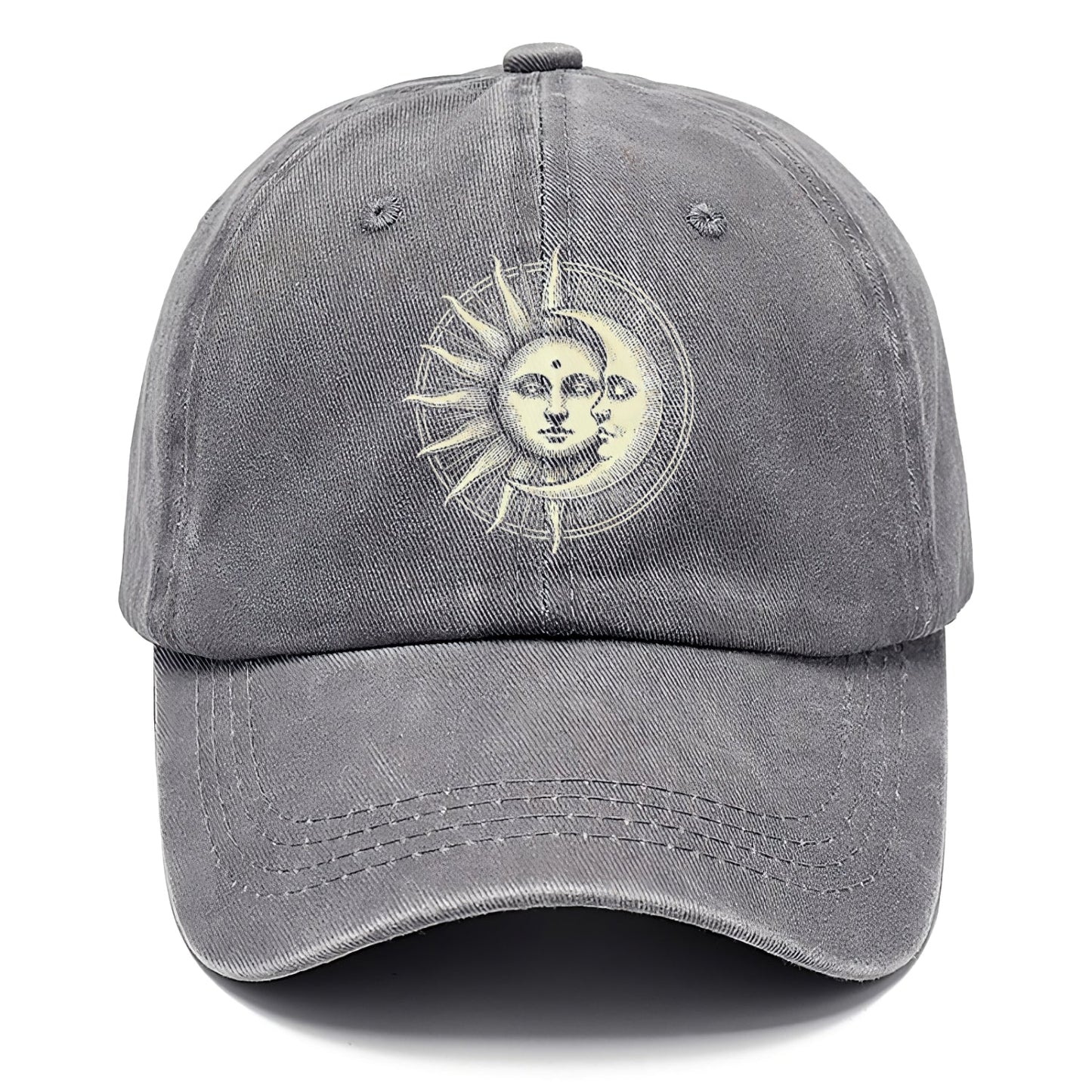 Gray cap with sun and moon design on a white background
