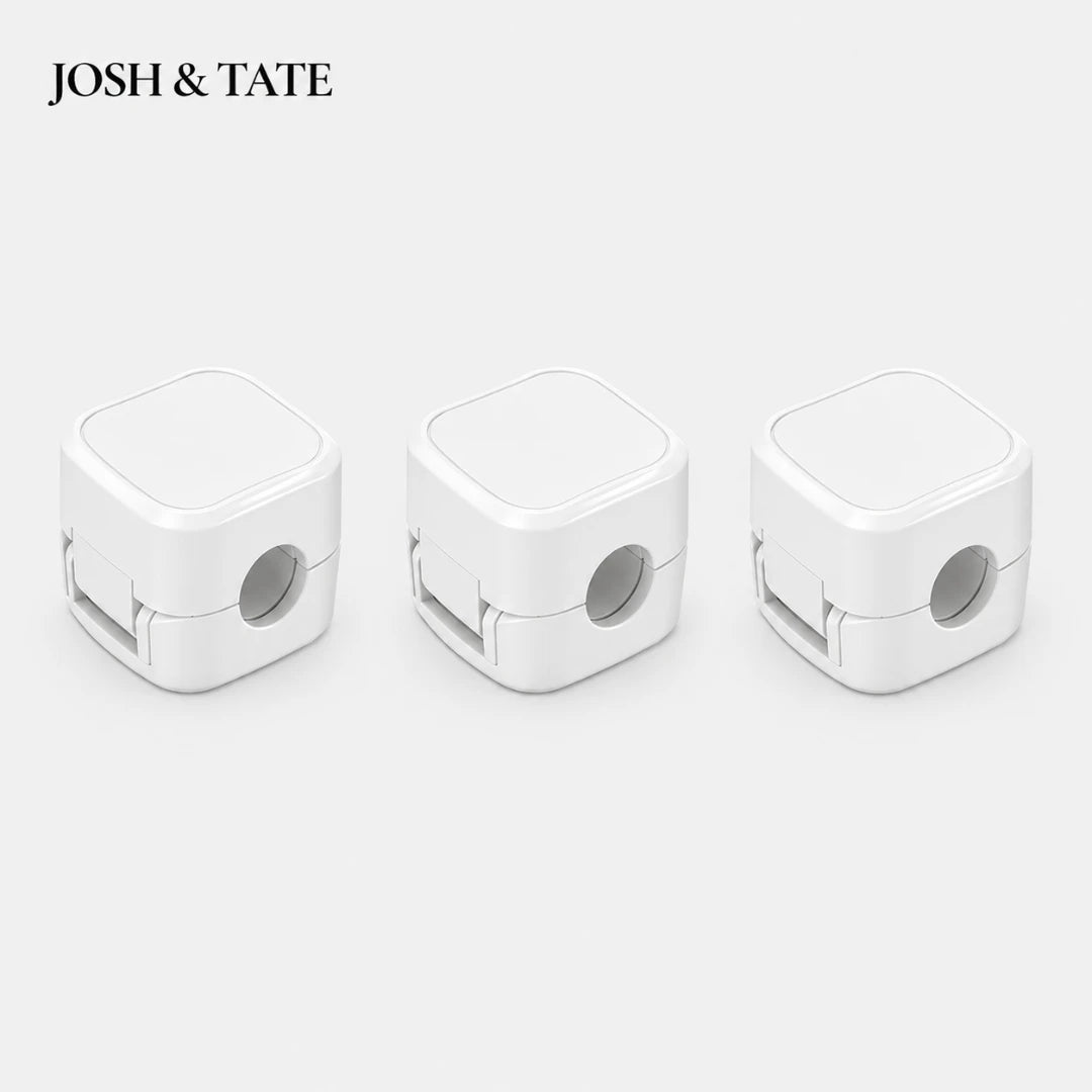 Josh & Tate - ClipCube™ Magnetic Cable Organizer - Three white pencil sharpeners on a light gray background with 'JOSH & TATE' branding.
