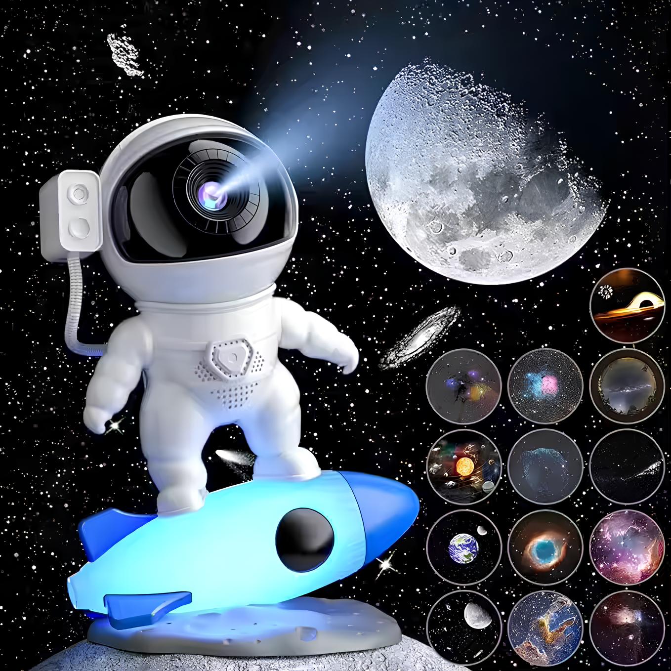 Spaceman toy with a rocket on a dark space-themed background with moon and planet illustrations.