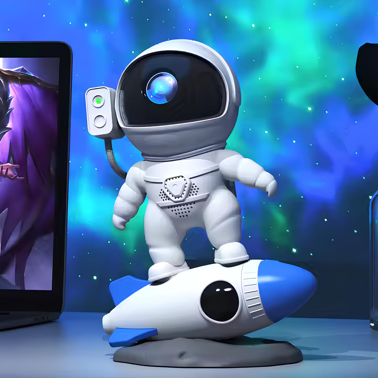 Toy astronaut on a rocket with a colorful space-themed background