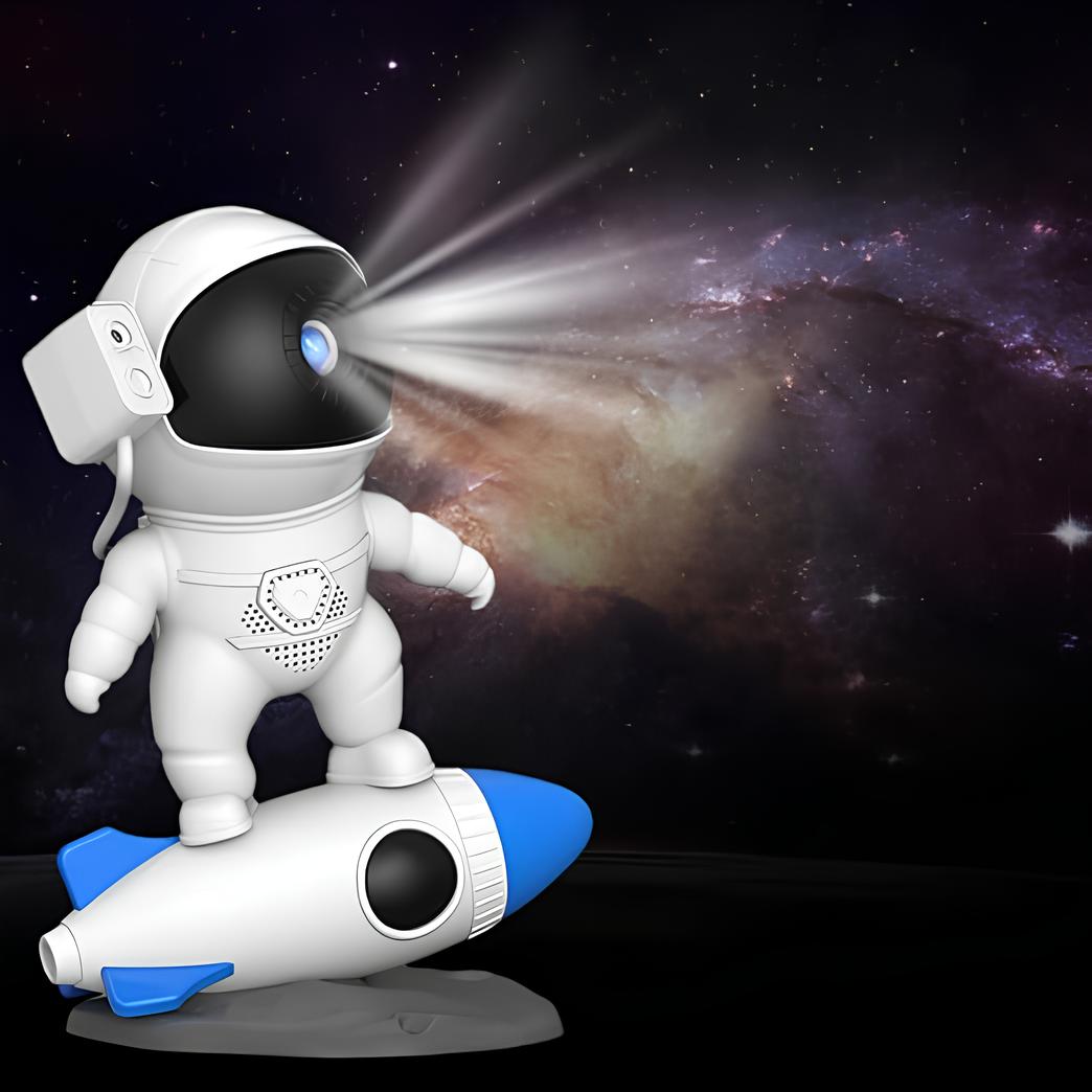 Astronaut toy on a rocket with a space-themed background