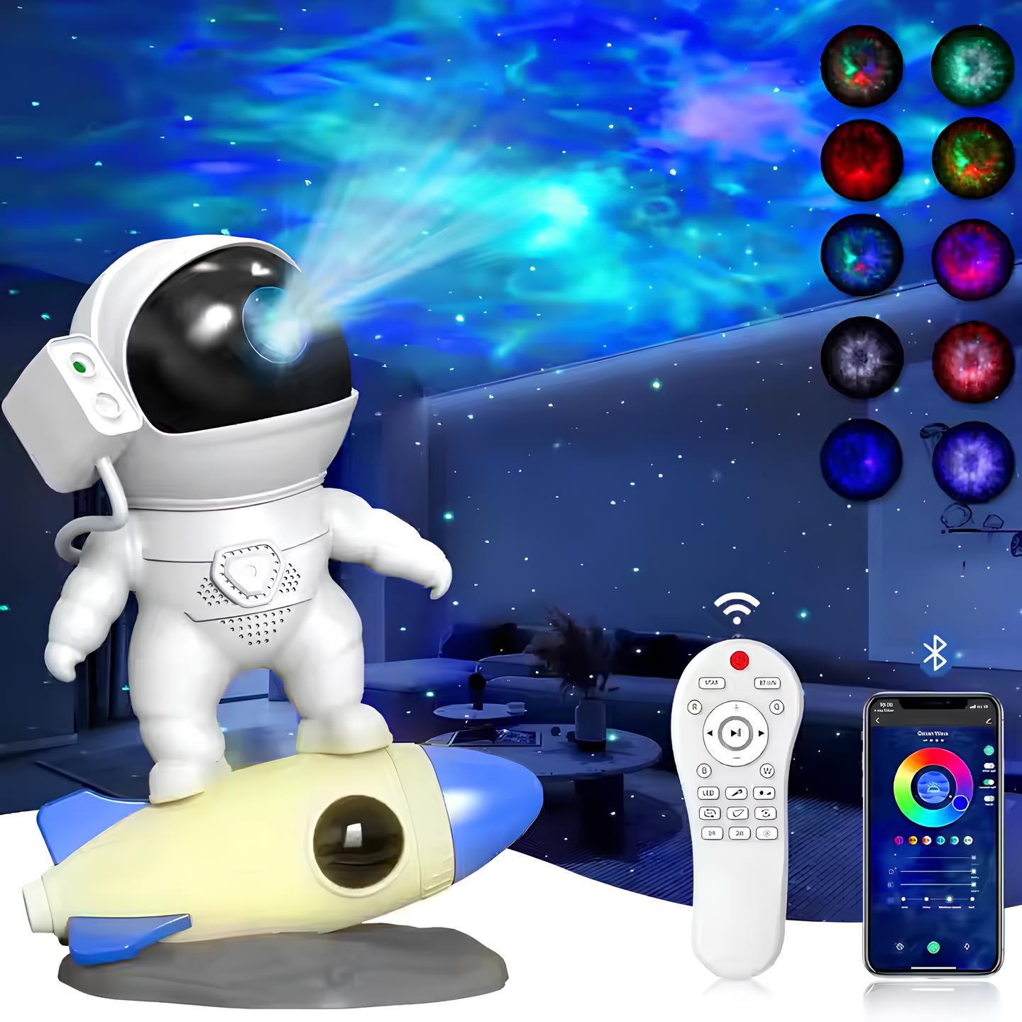 Astronaut toy with a remote control and smartphone app on a dark blue space-themed background.