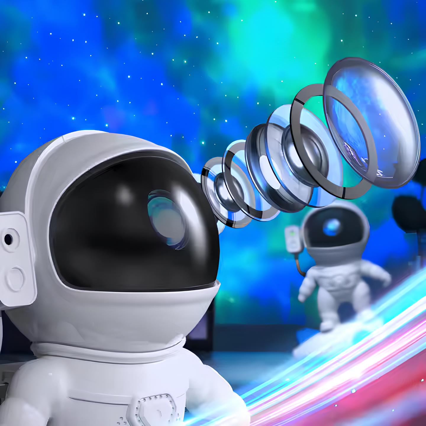 Toy robot in an astronaut suit with a colorful space-themed background