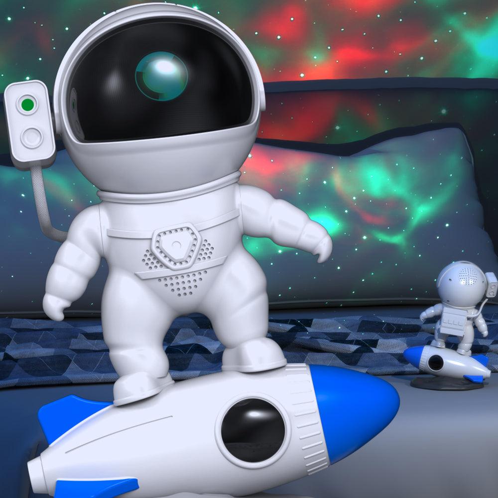Toy astronaut on a rocket with space-themed background