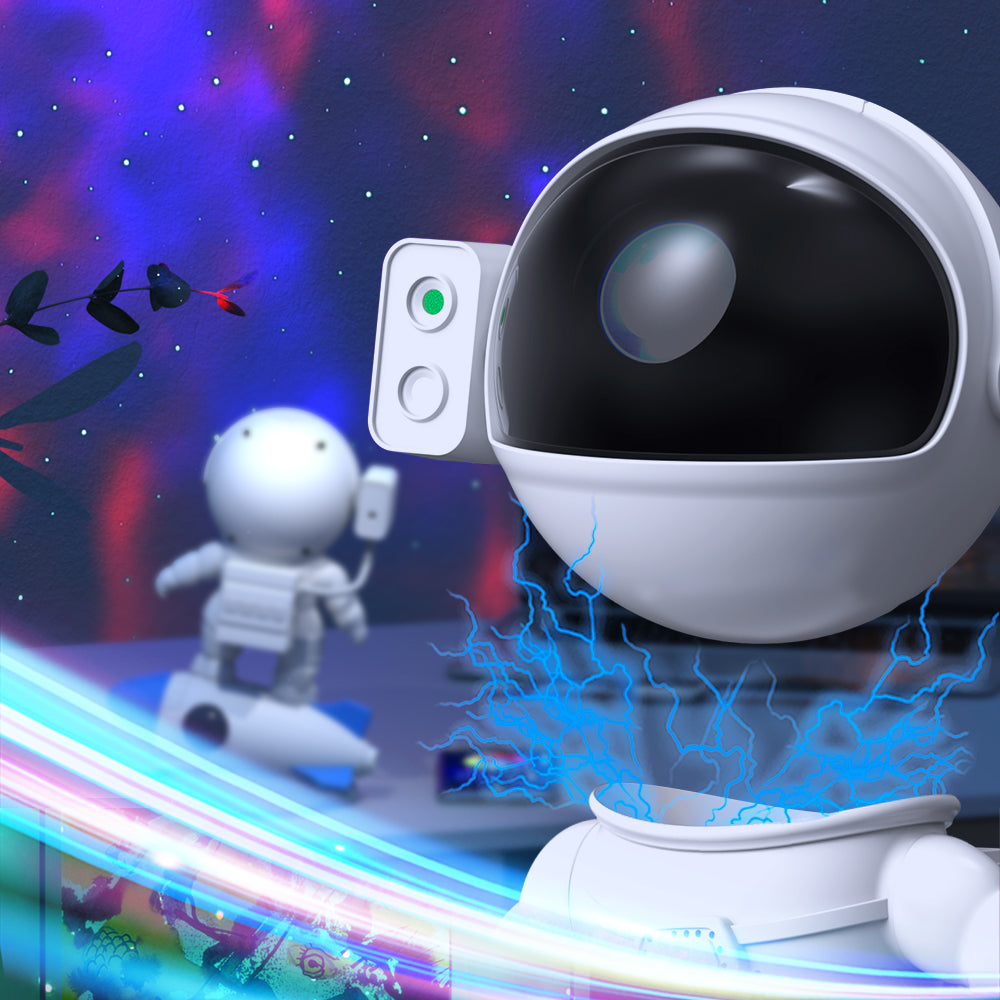 White robot with a large black eye on a colorful, futuristic background
