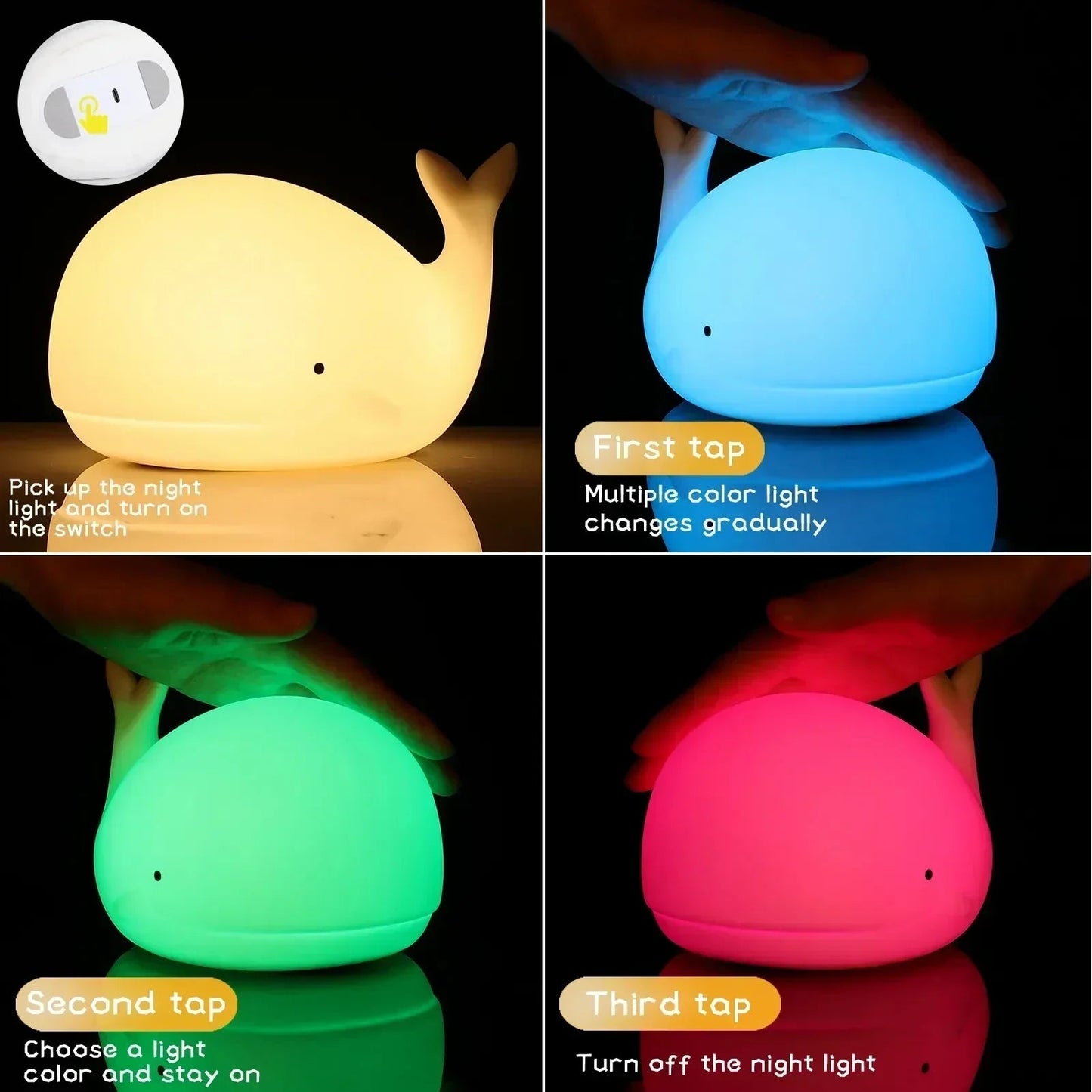 Collage of a whale-shaped night light changing colors with text instructions.
