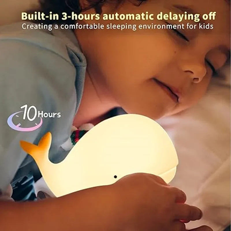 Child holding a night light with text about automatic delaying off feature