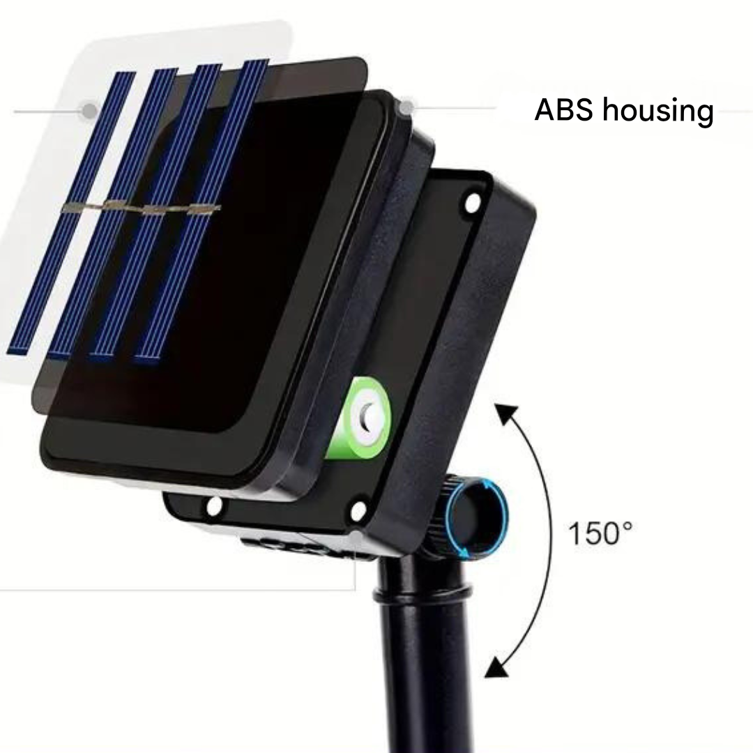 Solar light fixture with ABS housing and adjustable arm on a white background