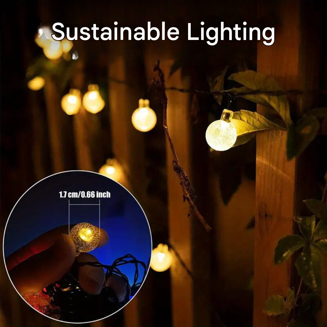 String lights with a close-up of a bulb labeled 'Sustainable Lighting'.