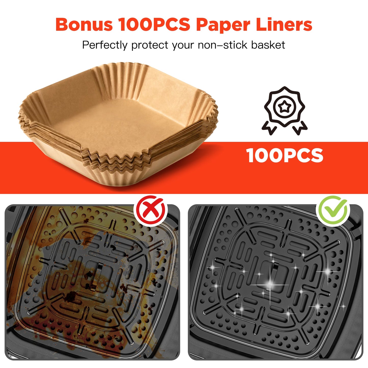 100PCS paper liners for non-stick basket with before and after images showing effectiveness.