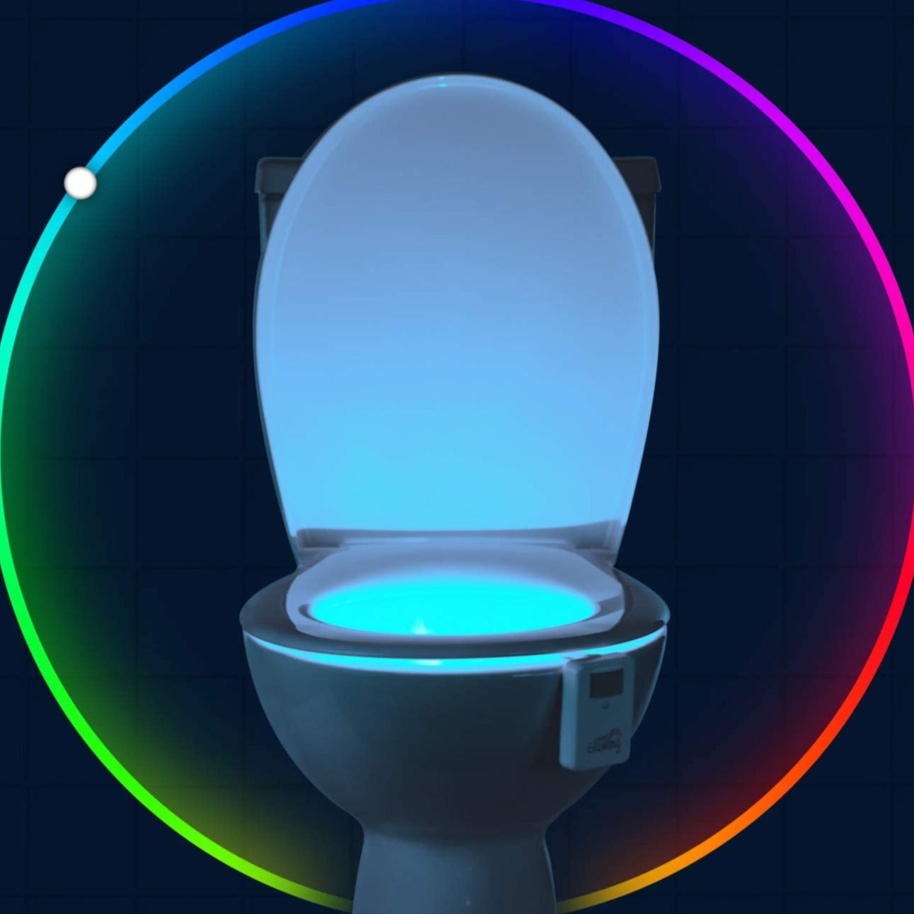 Toilet with glowing seat and bowl against a dark background