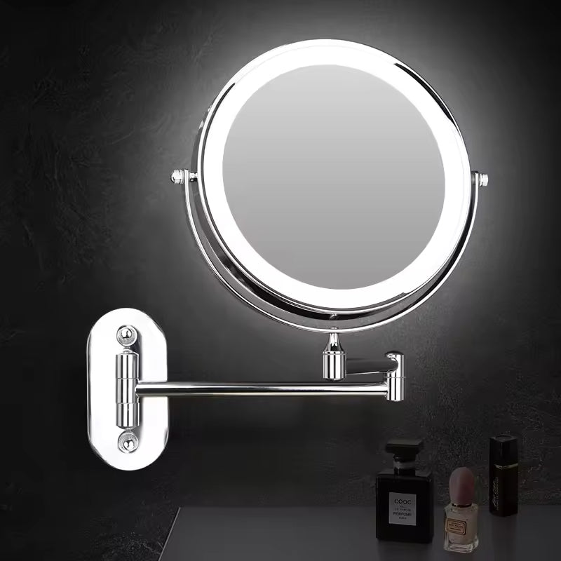 Wall-mounted makeup mirror with light on a dark background