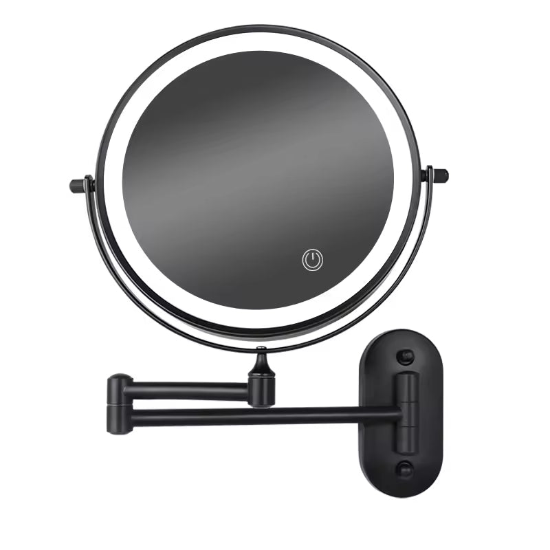Black wall-mounted makeup mirror with LED lights on a white background