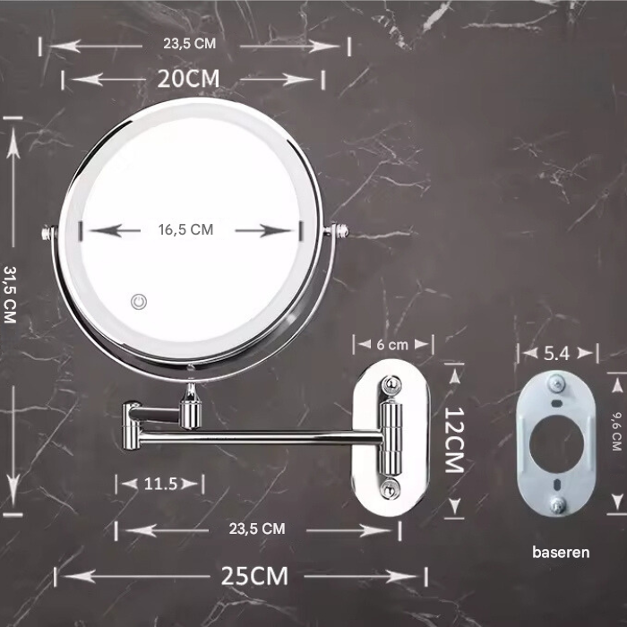 Measurement chart of a wall-mounted magnifying mirror with dimensions on a dark marble background.