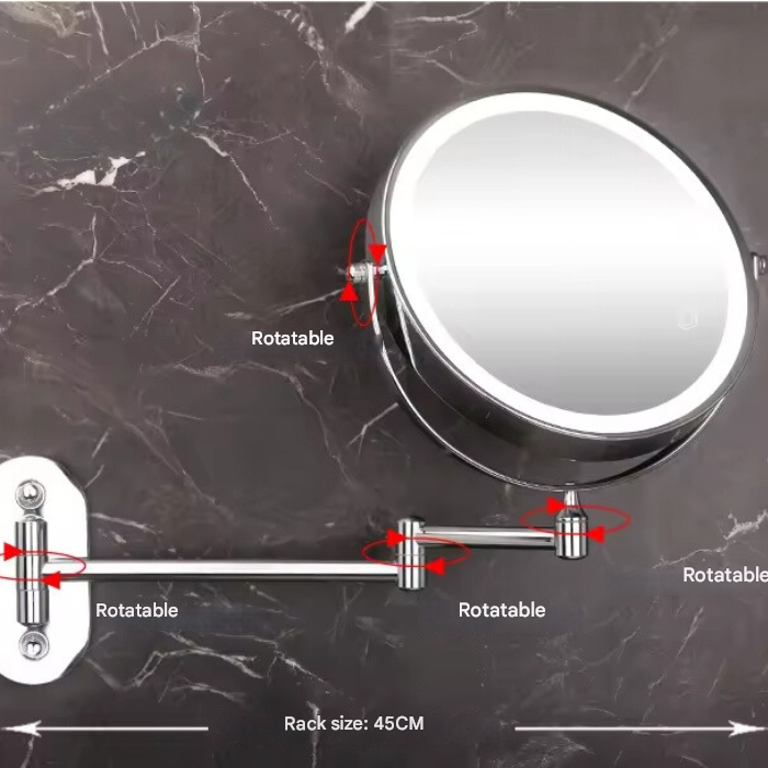 Rotatable wall-mounted mirror with labeled features on a dark marble background
