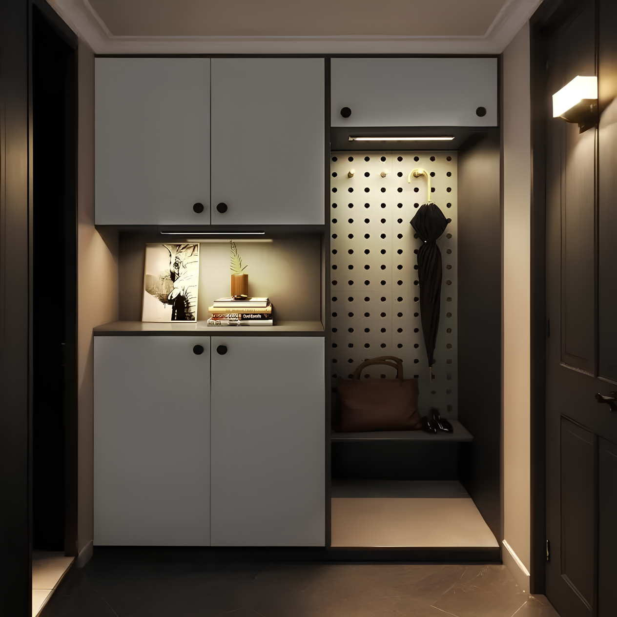 Modern interior of a hallway with gray cabinets and a pegboard wall.
