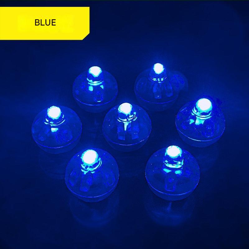 Blue LED lights on a dark background with a yellow label indicating 'BLUE'.