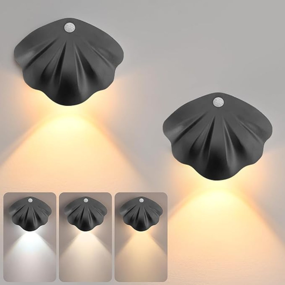 Set of four black wall lights with different color temperature settings on a gray background