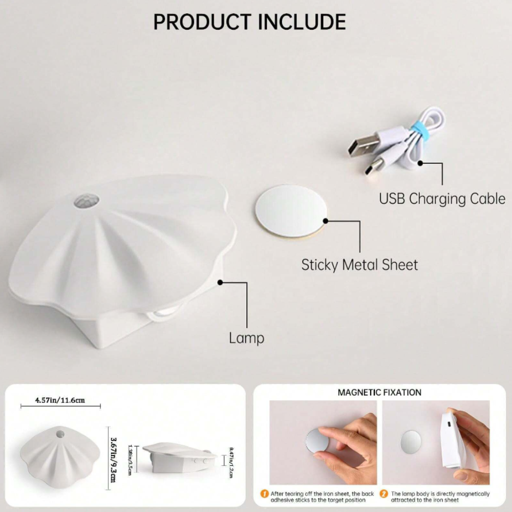 Product components including a lamp, USB charging cable, and sticky metal sheet on a white background.