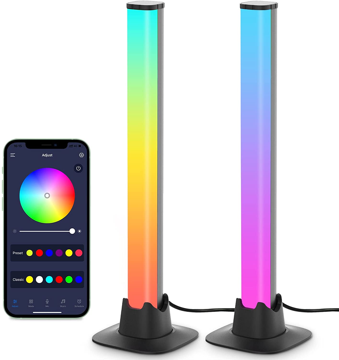 Two colorful LED lamps with a smartphone displaying app controls on a white background