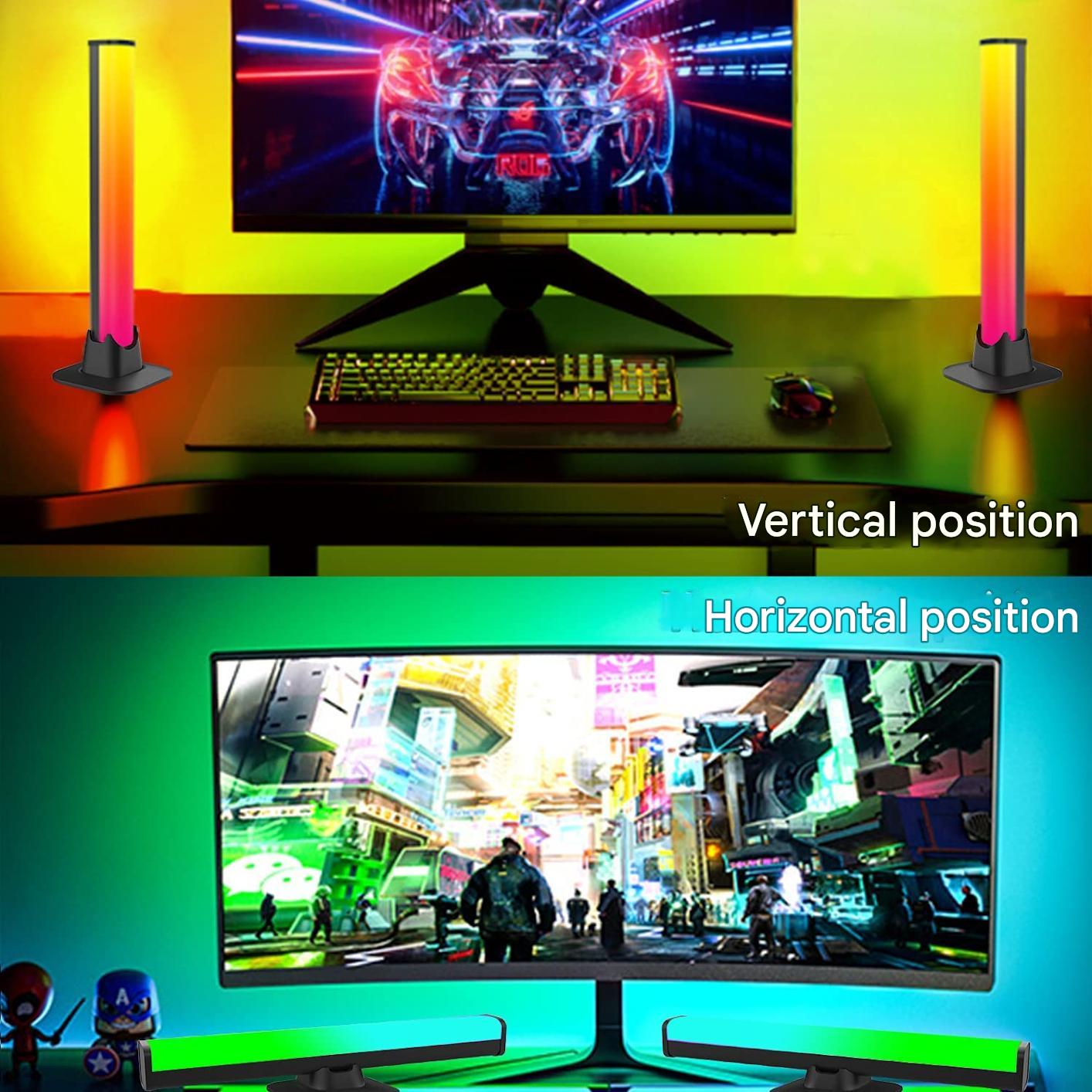 Gaming setup with RGB lights in vertical and horizontal positions on a desk.