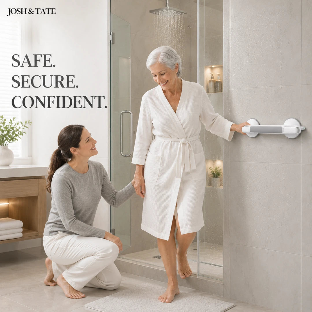 Josh & Tate - GripSafe™ Suction Shower Grab Bar - Two women in a bathroom with one helping the other into a shower, featuring Josh & Tate products.