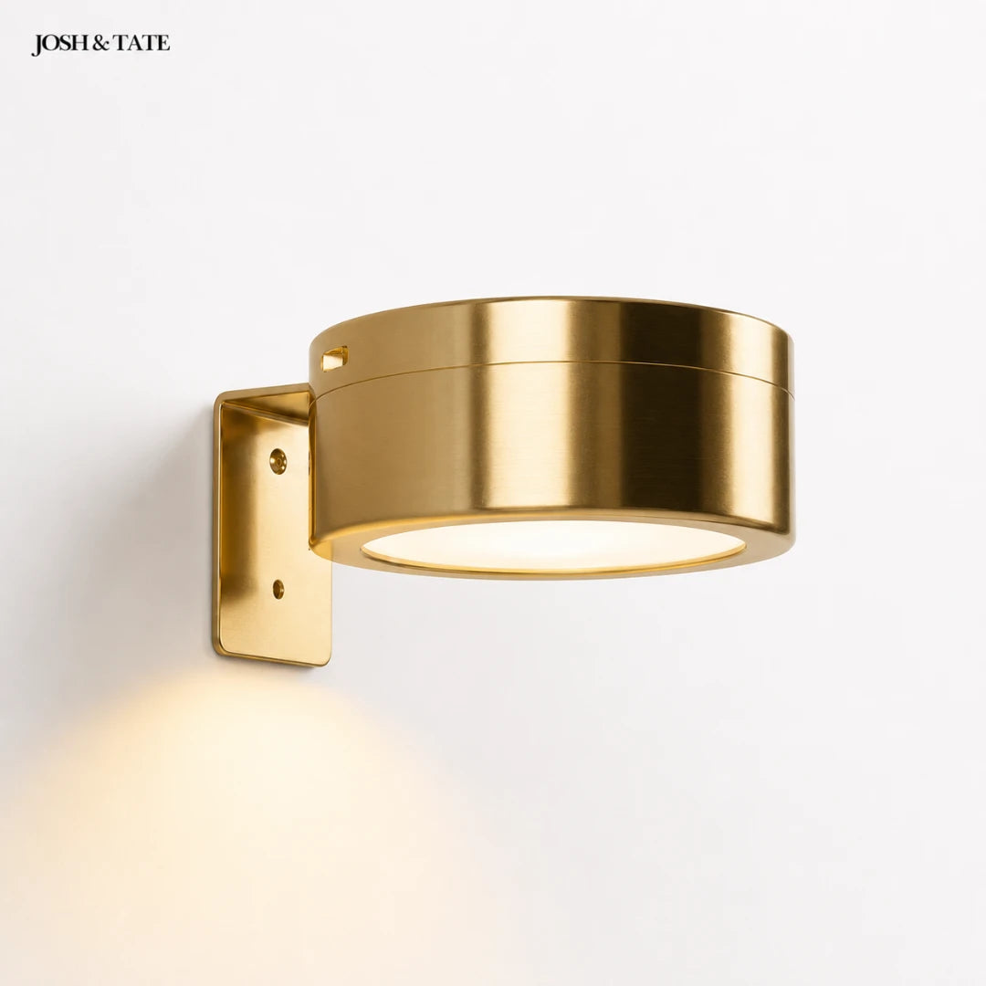 Josh & Tate - HaloMount™ Cordless Wall Light - Gold wall sconce light on a white background with 'JOSH & TATE' branding.