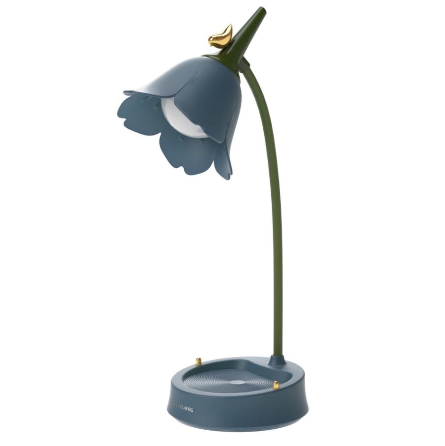 Floral-shaped lamp with blue shade on a white background