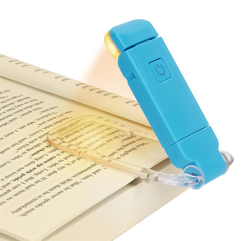 Blue booklight on an open book with text