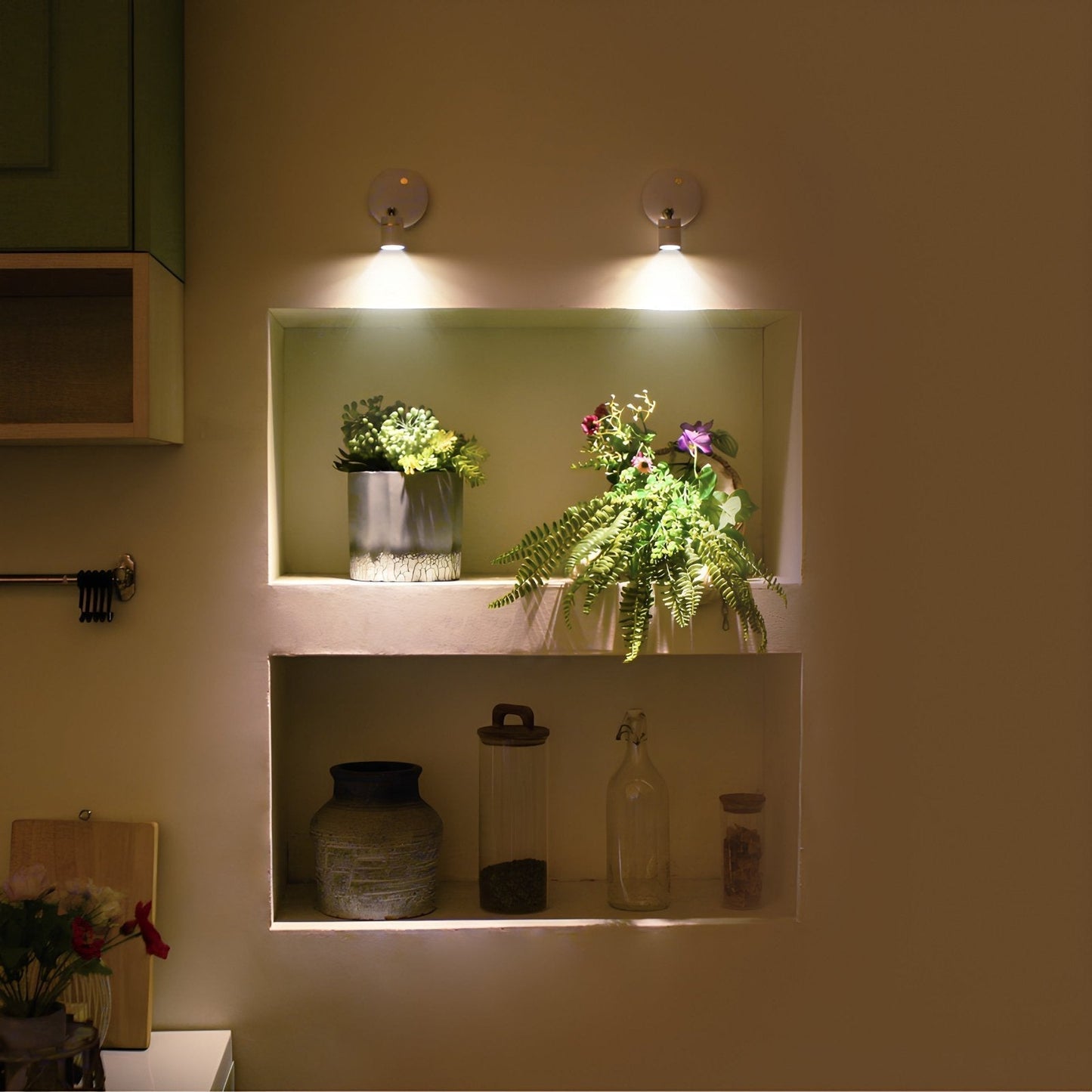 Shelving unit with plants and decorative items in a softly lit room.