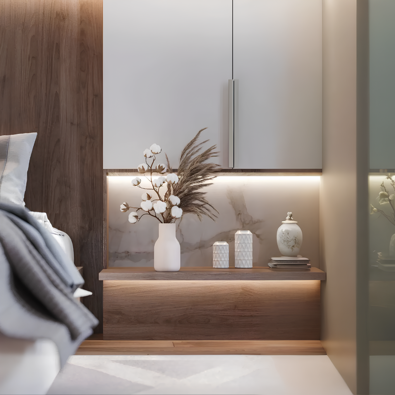 Modern bedroom with wooden headboard, gray bedding, and decorative elements.