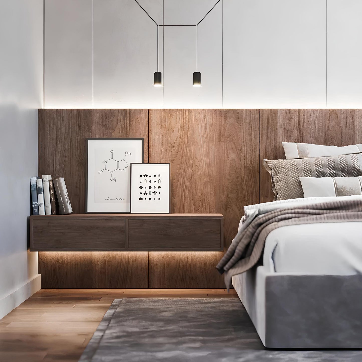Modern bedroom with wooden headboard, bed, and wall art
