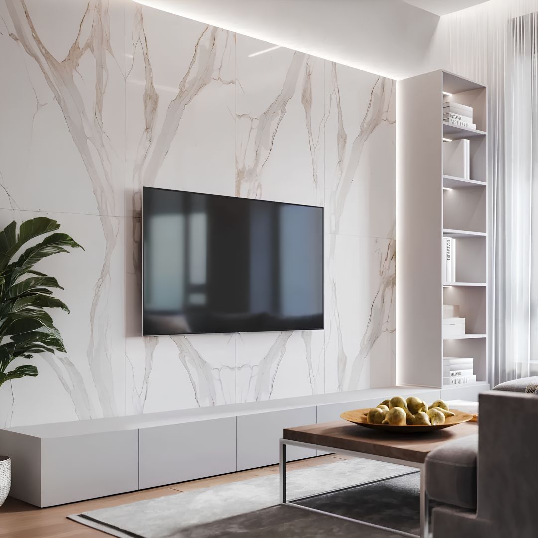 Modern living room with a television mounted on a marble wall.